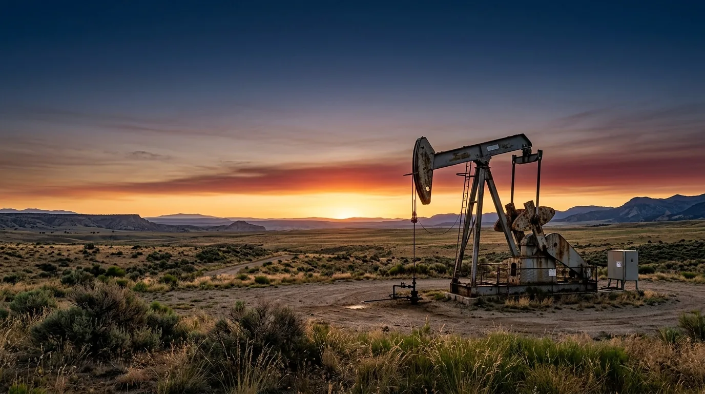 Oil pump jack on open ranch land at first light