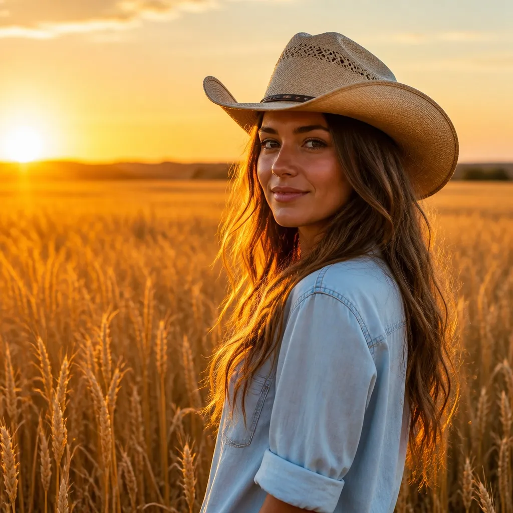 A woman in a straw cowboy hat standing in a wheat field at sunset